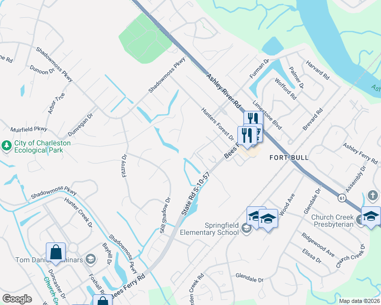 map of restaurants, bars, coffee shops, grocery stores, and more near 2932 Cheltenham Lane in Charleston