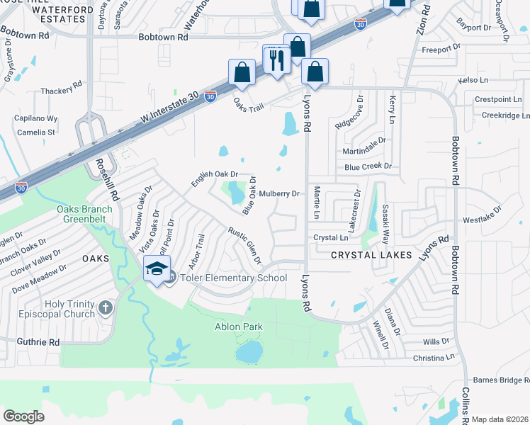 map of restaurants, bars, coffee shops, grocery stores, and more near 6009 Silverleaf Lane in Garland