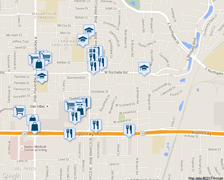 map of restaurants, bars, coffee shops, grocery stores, and more near 2709 Brockbank Drive in Irving