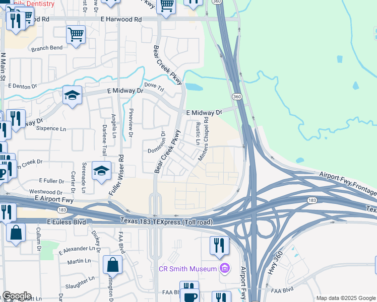 map of restaurants, bars, coffee shops, grocery stores, and more near 1011 Tuscany Trail in Euless