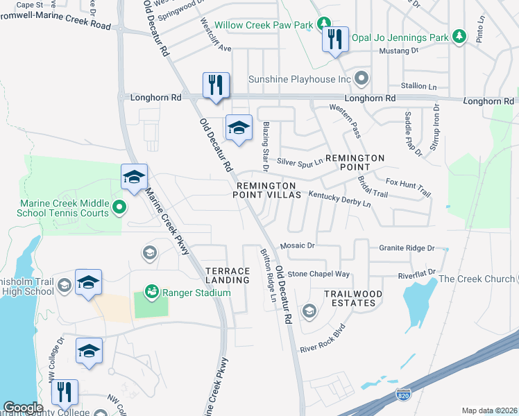 map of restaurants, bars, coffee shops, grocery stores, and more near 5656 Giddyup Lane in Fort Worth