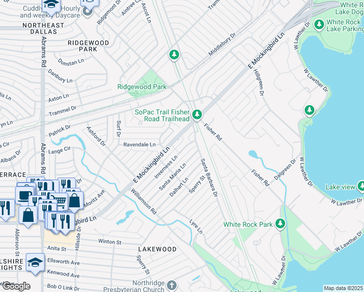 map of restaurants, bars, coffee shops, grocery stores, and more near 6906 East Mockingbird Lane in Dallas