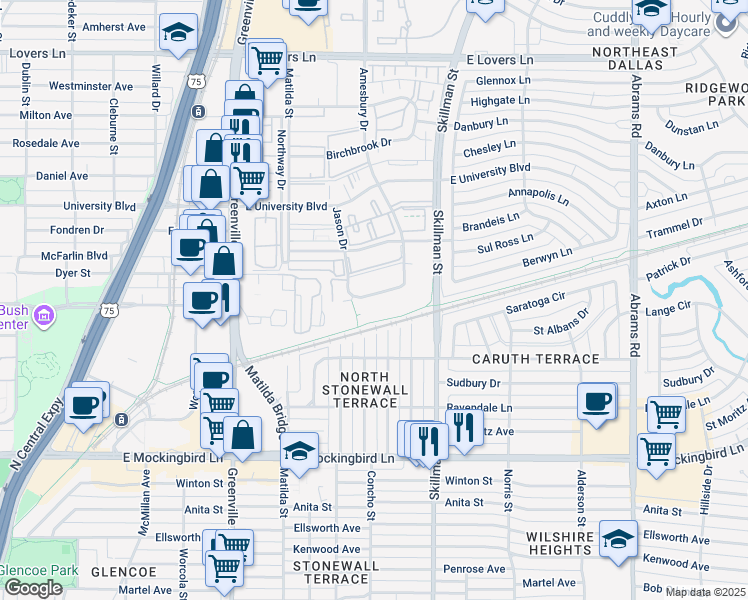 map of restaurants, bars, coffee shops, grocery stores, and more near 4646 Amesbury Drive in Dallas