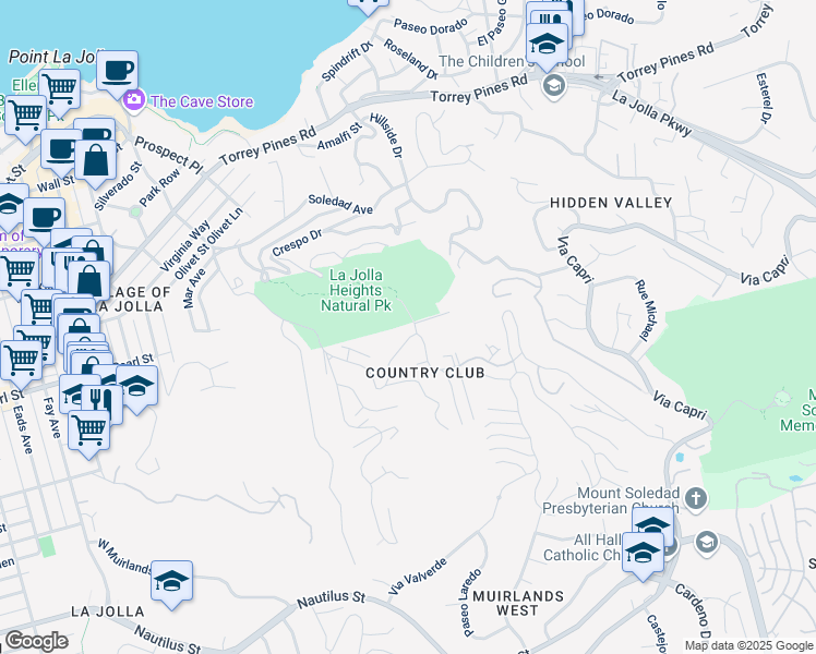map of restaurants, bars, coffee shops, grocery stores, and more near 7362 Brodiaea Way in San Diego