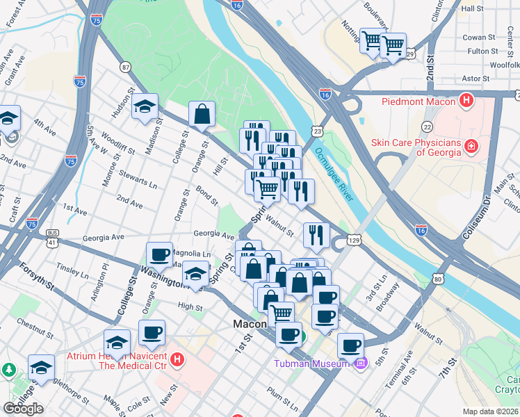 map of restaurants, bars, coffee shops, grocery stores, and more near 223 Spring Street in Macon