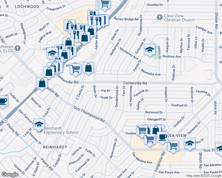 map of restaurants, bars, coffee shops, grocery stores, and more near 1803 Pat Drive in Dallas