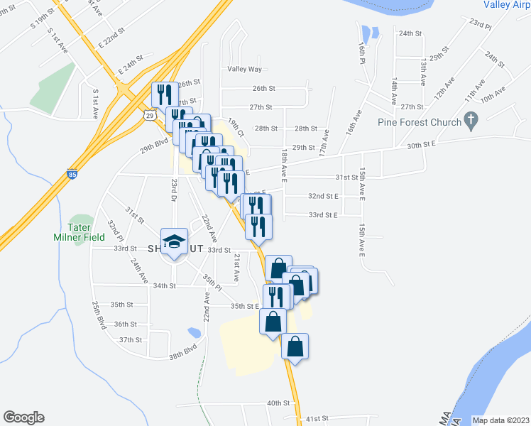 map of restaurants, bars, coffee shops, grocery stores, and more near 3206 19th Avenue East in Valley