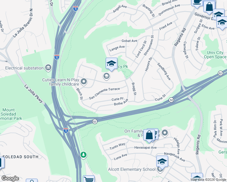 map of restaurants, bars, coffee shops, grocery stores, and more near 2695 San Clemente Terrace in San Diego