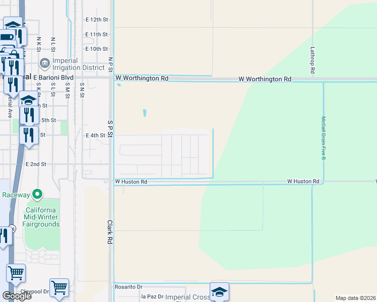 map of restaurants, bars, coffee shops, grocery stores, and more near 1121 East 2nd Street in Imperial