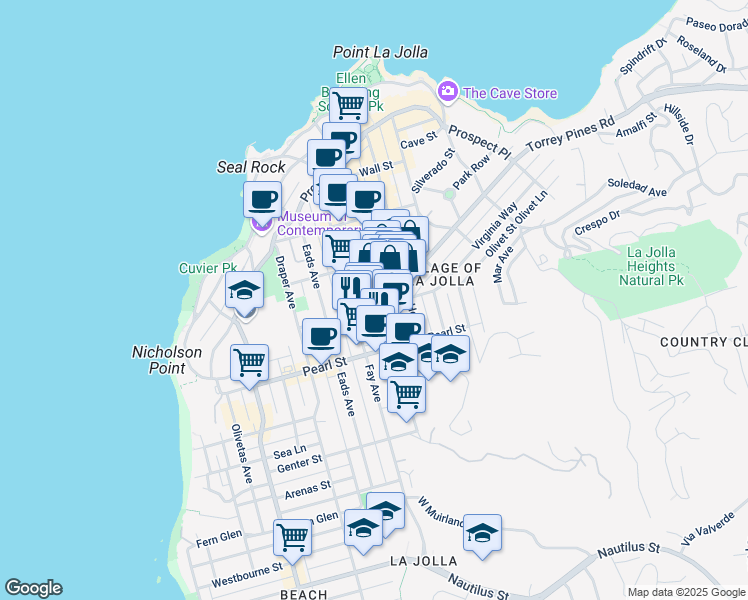 map of restaurants, bars, coffee shops, grocery stores, and more near 7611 Girard Avenue in San Diego