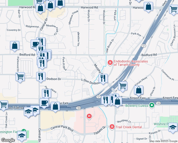 map of restaurants, bars, coffee shops, grocery stores, and more near 2421 Aberdeen Drive in Bedford