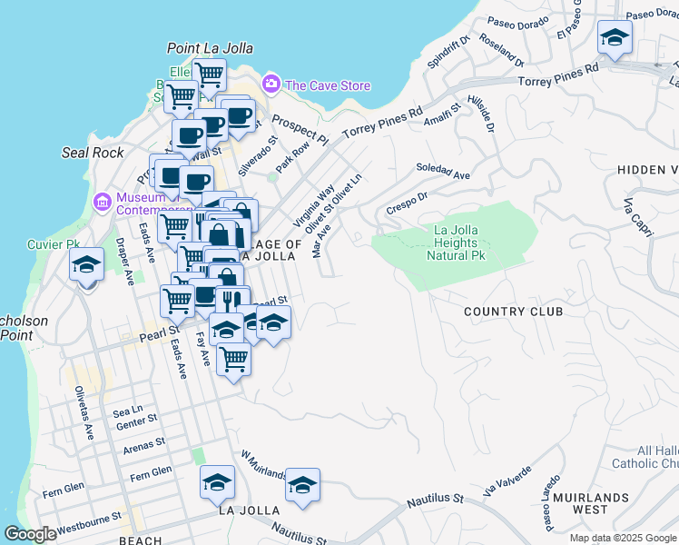map of restaurants, bars, coffee shops, grocery stores, and more near 7505 Pepita Way in San Diego