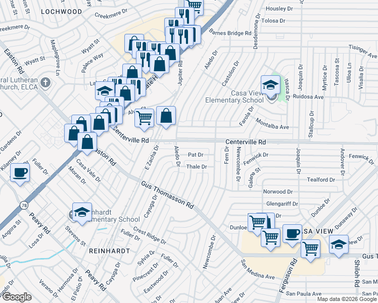 map of restaurants, bars, coffee shops, grocery stores, and more near 1627 Pat Drive in Dallas