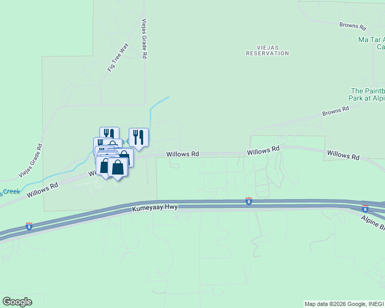 map of restaurants, bars, coffee shops, grocery stores, and more near 5353 Willows Road in Alpine