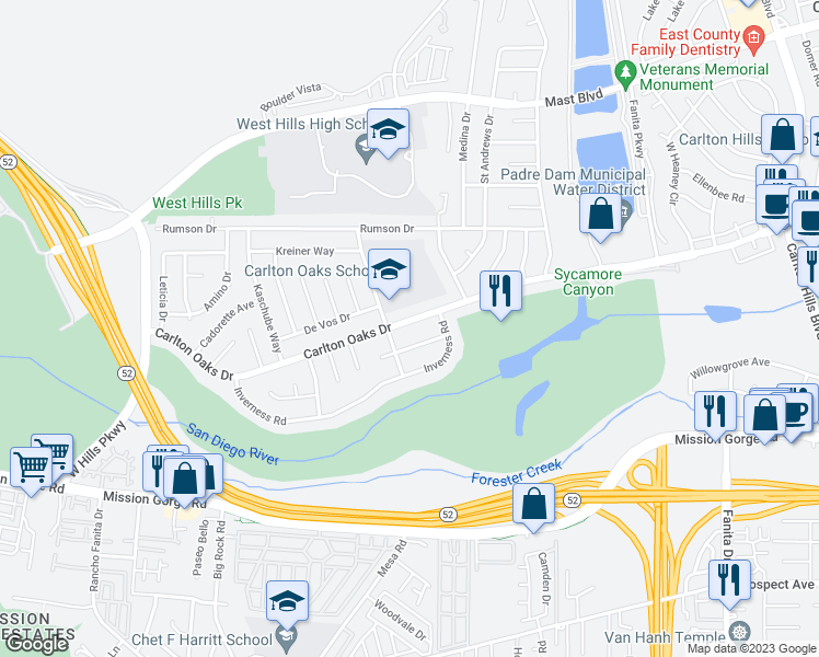 map of restaurants, bars, coffee shops, grocery stores, and more near 8609 Carlton Oaks Drive in Santee