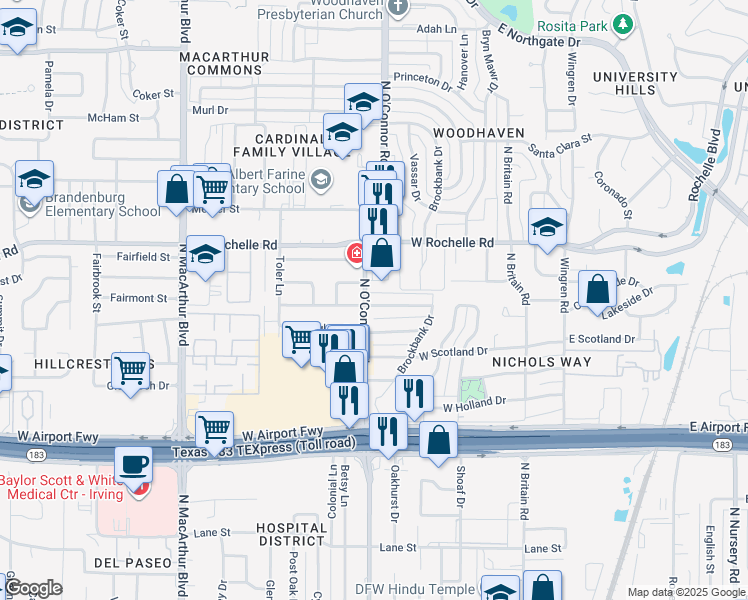 map of restaurants, bars, coffee shops, grocery stores, and more near 451 Goodyear Street in Irving