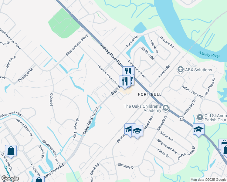 map of restaurants, bars, coffee shops, grocery stores, and more near 3075 Bees Ferry Road in Charleston