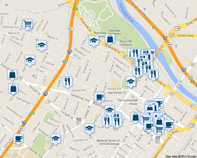 map of restaurants, bars, coffee shops, grocery stores, and more near 347 College Street in Macon