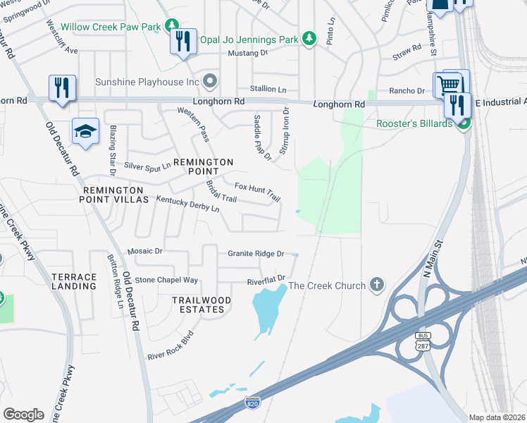 map of restaurants, bars, coffee shops, grocery stores, and more near 5817 Bridal Trail in Fort Worth