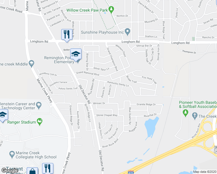 map of restaurants, bars, coffee shops, grocery stores, and more near 5841 Arena Circle in Fort Worth