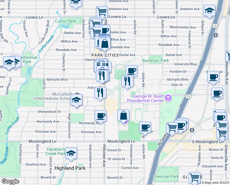 map of restaurants, bars, coffee shops, grocery stores, and more near SMU Boulevard in Dallas