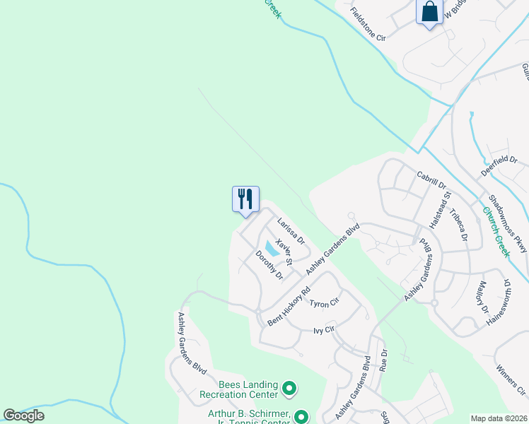 map of restaurants, bars, coffee shops, grocery stores, and more near 225 Larissa Drive in Charleston