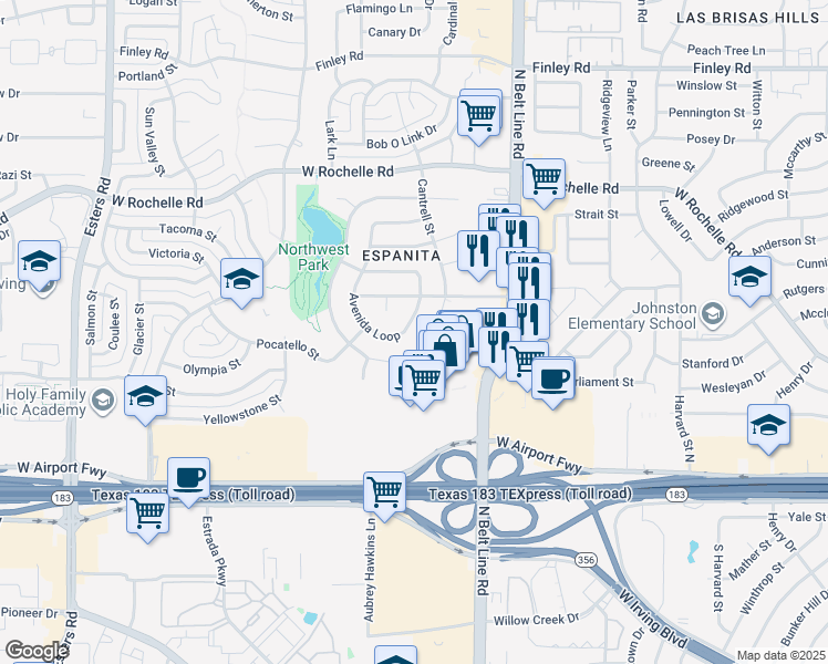 map of restaurants, bars, coffee shops, grocery stores, and more near 2644 Avenida Loop in Irving