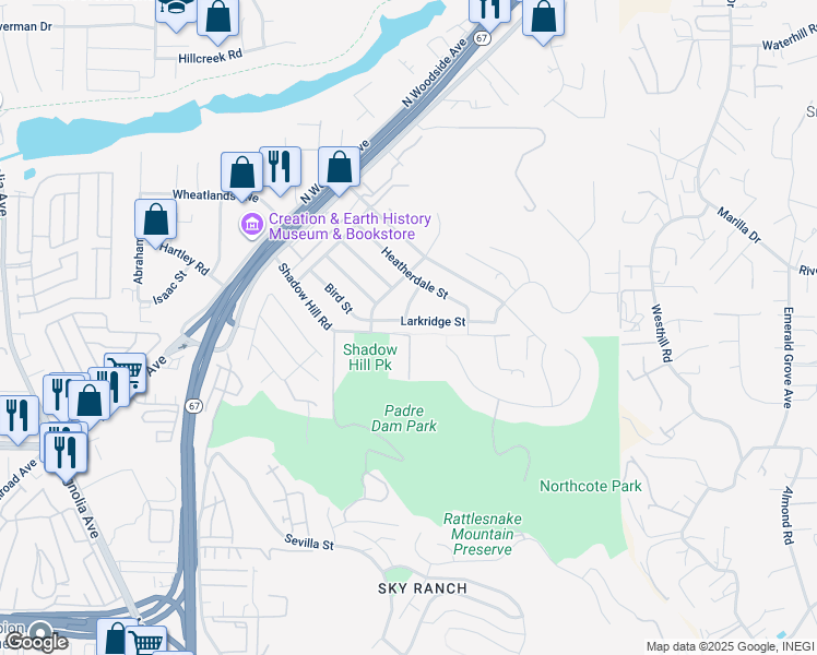 map of restaurants, bars, coffee shops, grocery stores, and more near 11027 Larkridge Street in Santee