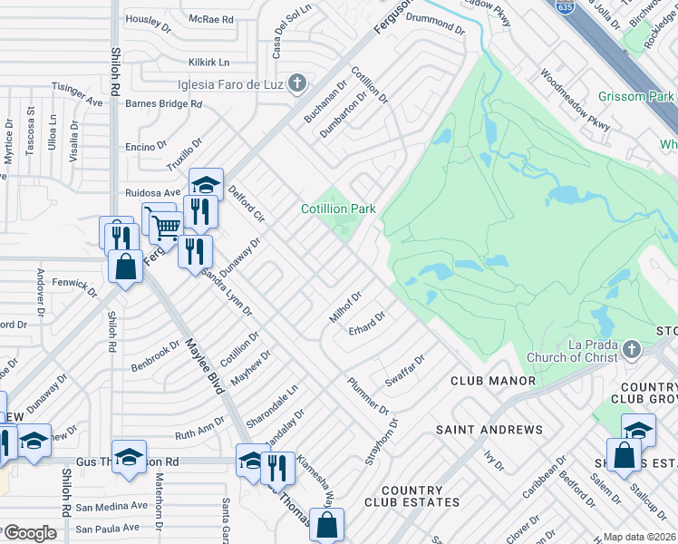 map of restaurants, bars, coffee shops, grocery stores, and more near 11020 Cotillion Drive in Dallas