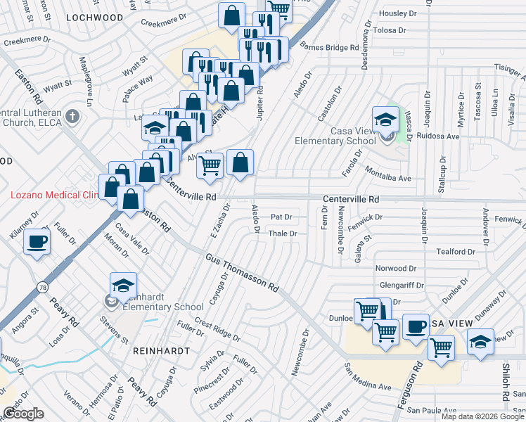 map of restaurants, bars, coffee shops, grocery stores, and more near 1627 Pat Drive in Dallas