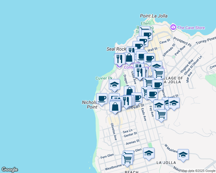 map of restaurants, bars, coffee shops, grocery stores, and more near 464 Prospect Street in San Diego
