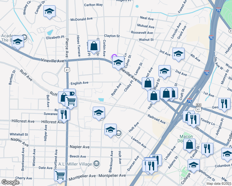 map of restaurants, bars, coffee shops, grocery stores, and more near 261 Clisby Place in Macon
