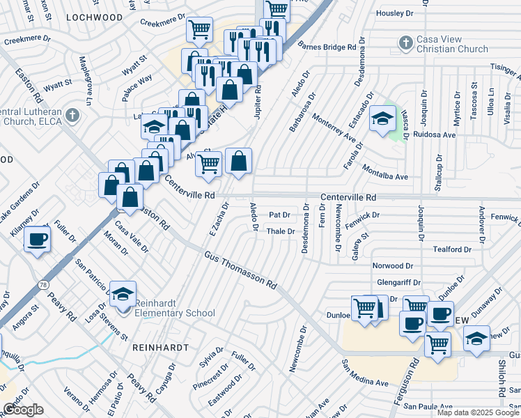 map of restaurants, bars, coffee shops, grocery stores, and more near 1627 Pat Drive in Dallas