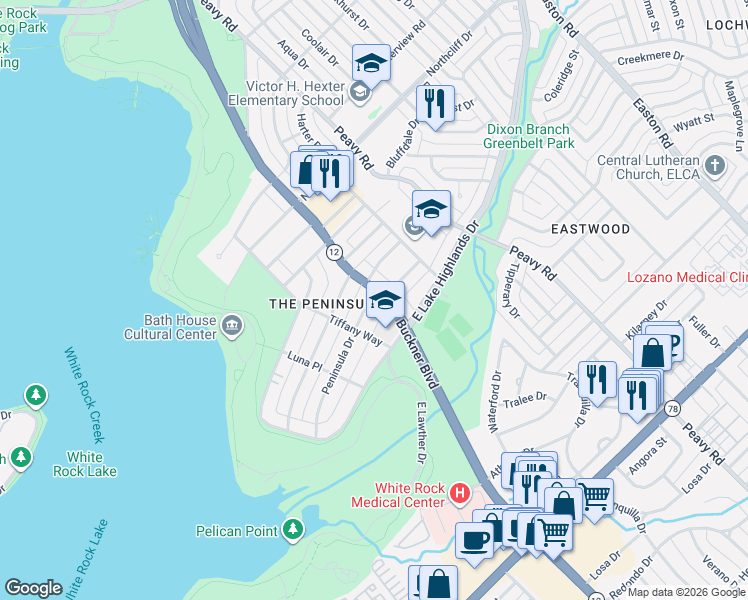 map of restaurants, bars, coffee shops, grocery stores, and more near 923 North Buckner Boulevard in Dallas