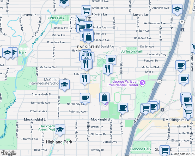 map of restaurants, bars, coffee shops, grocery stores, and more near 6211 Bishop Boulevard in Dallas
