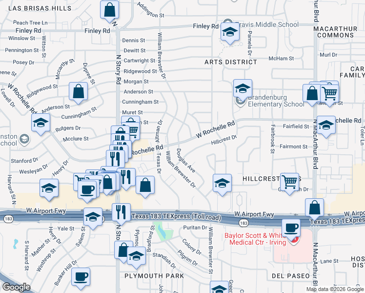 map of restaurants, bars, coffee shops, grocery stores, and more near 1908 West Rochelle Road in Irving