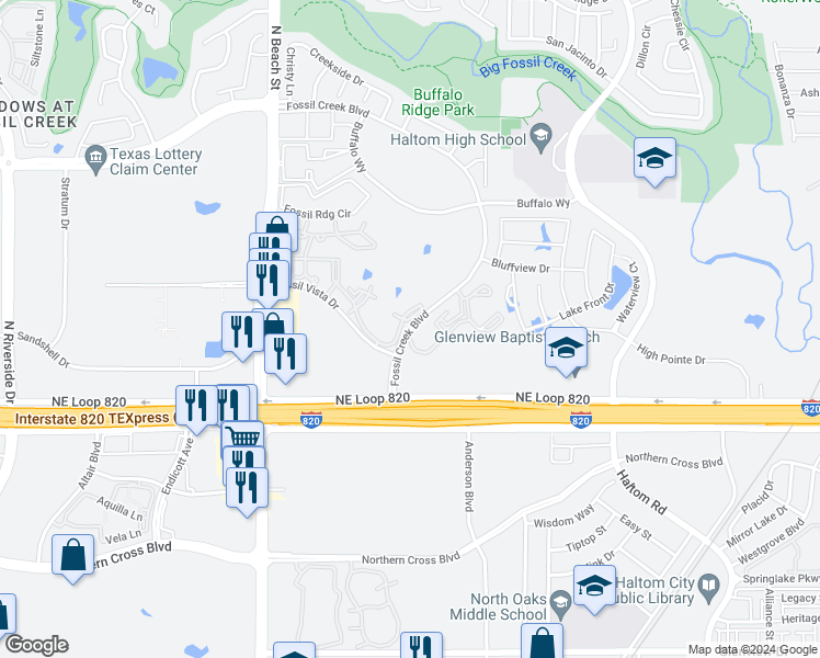 map of restaurants, bars, coffee shops, grocery stores, and more near 5350 Fossil Creek Boulevard in Haltom City