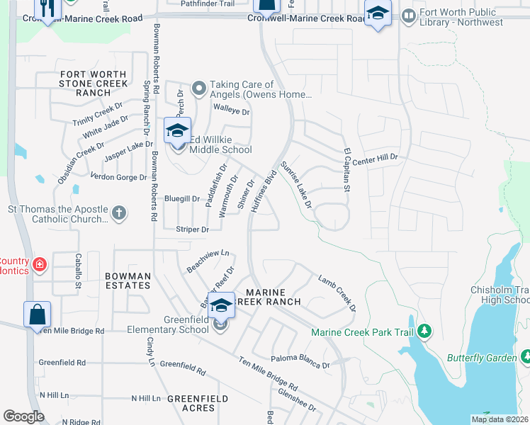map of restaurants, bars, coffee shops, grocery stores, and more near 6100 Huffines Boulevard in Fort Worth
