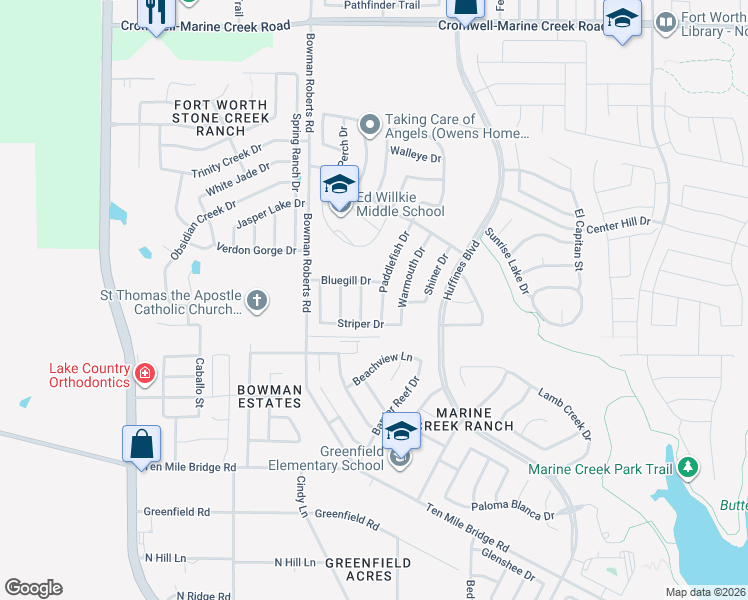 map of restaurants, bars, coffee shops, grocery stores, and more near 5924 Paddlefish Drive in Fort Worth
