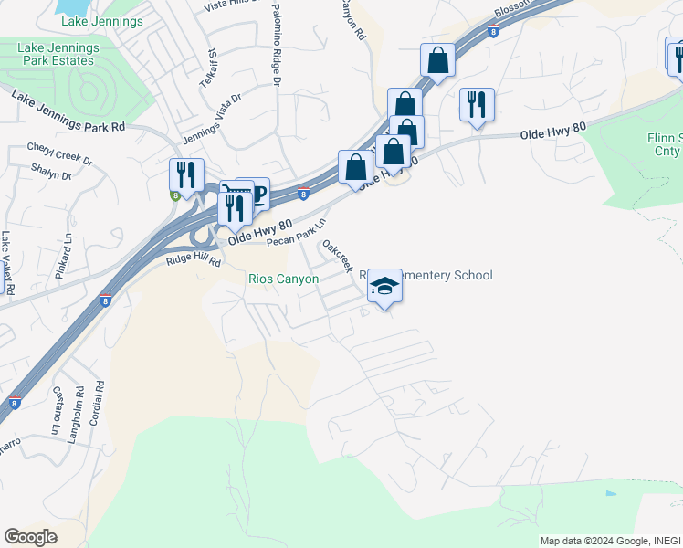 map of restaurants, bars, coffee shops, grocery stores, and more near 14215 Pecan Park Lane in El Cajon