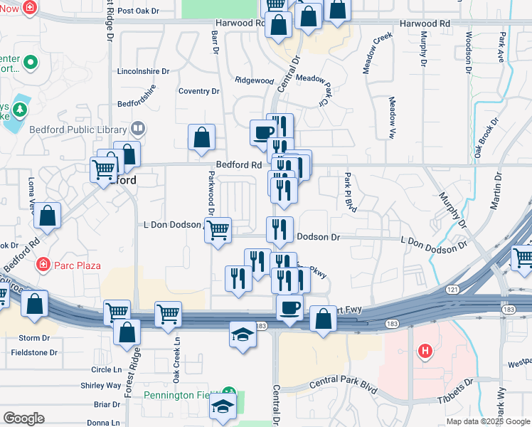 map of restaurants, bars, coffee shops, grocery stores, and more near 2225 Central Drive in Bedford