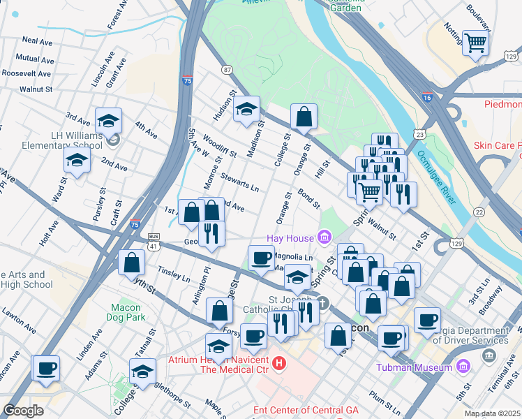 map of restaurants, bars, coffee shops, grocery stores, and more near 337 College Street in Macon