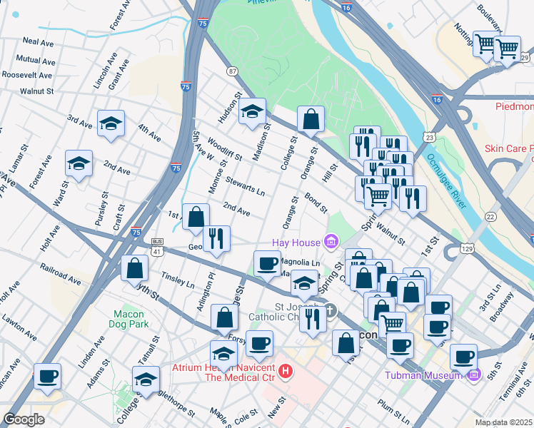 map of restaurants, bars, coffee shops, grocery stores, and more near 337 College Street in Macon