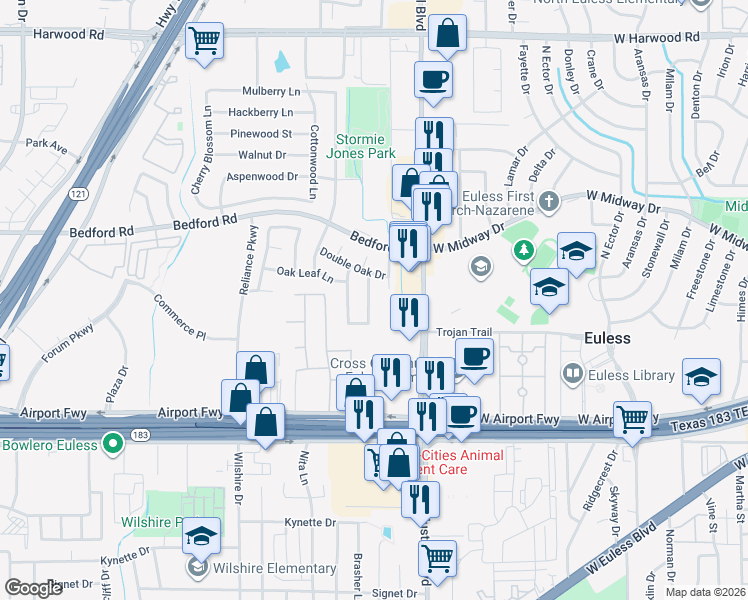 map of restaurants, bars, coffee shops, grocery stores, and more near 2000 Oak Timber Drive in Bedford
