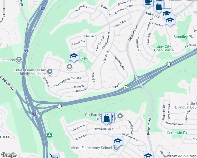 map of restaurants, bars, coffee shops, grocery stores, and more near 5425 Bragg Street in San Diego