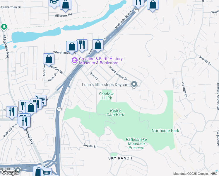 map of restaurants, bars, coffee shops, grocery stores, and more near 11007 Larkridge Street in Santee