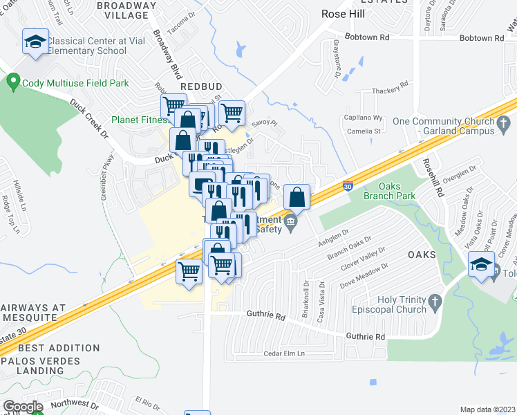 map of restaurants, bars, coffee shops, grocery stores, and more near 401 West Interstate 30 in Garland