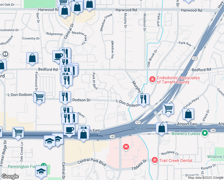 map of restaurants, bars, coffee shops, grocery stores, and more near 2443 L Don Dodson Drive in Bedford