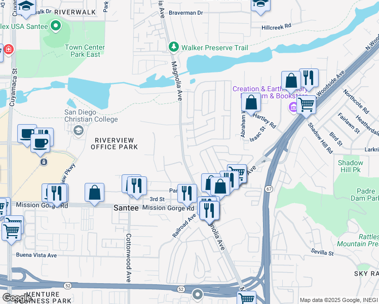 map of restaurants, bars, coffee shops, grocery stores, and more near 10706 Holly Meadows Drive in Santee