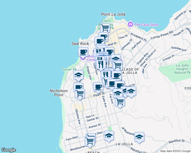 map of restaurants, bars, coffee shops, grocery stores, and more near 7616 Eads Avenue in San Diego